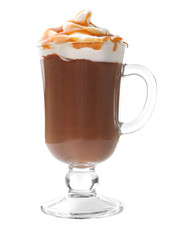 Chocolate mousse in portion glass on white background