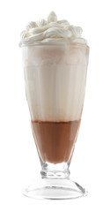 Chocolate mousse in portion glass on white background