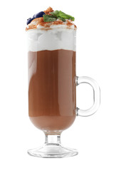 Chocolate mousse with mint in portion glass on white background