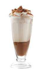 Chocolate mousse in portion glass on white background