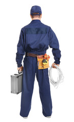 Electrician with tool box on white background