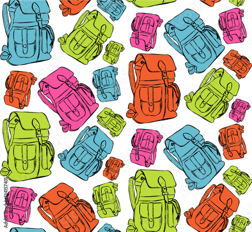 "Seamless hand drawn Backpack background. Sketch style. Vector