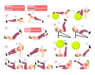 Abs exercises set for fat girl on white background. All fitness workout including crunches, fit ball, bench and more.
