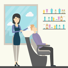 Hairdressing in salon. Female hairdresser washes hair to a man in chair. Fashion and spa. Salon interior.