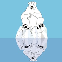 Polar bear on cracked ice reflected in the water on blue, stock vector illustration