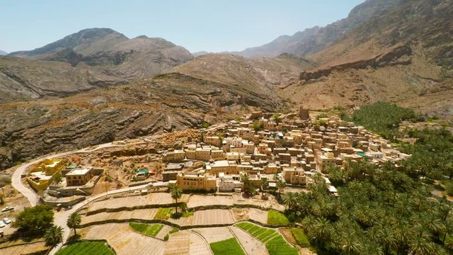 Aerial footage of village of Bilad Sayt in Al Hajar Mountains in Oman