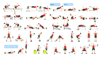 Fototapeta na wymiar Workout man set. Fat man doing fitness and yoga exercises. Lunges and squats, plank and abc. Full body workout.