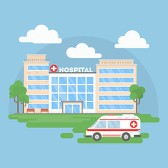 Hospital building with ambulance. Urban background. Modern medical center with first aid.
