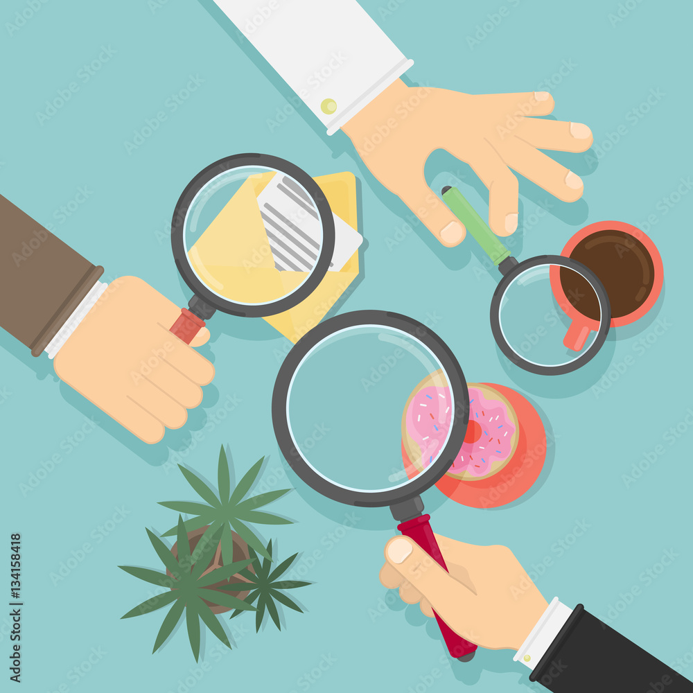 Aufkleber hands with magnifying glass. concept of searching, detecting and analyzing. desk top view.