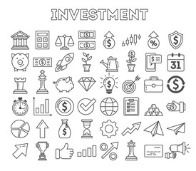 Investment icons set on white background. Colorful creative icons as piggy bank, arrows, gear, money and rocket. Black and white.