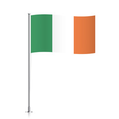 Waving flag of Republic of Ireland on a metallic pole, isolated on a white background.