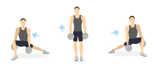 Fototapeta na wymiar Legs exercise for men on white background. Healthy lifestyle. Crossfit and fitness. Side lunges with dumbbels.