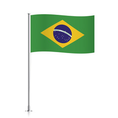 Brazil vector flag template. Waving flag of Brazil on a metallic pole, isolated on a white background.