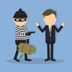 Thief with a gun. Funny cartoon thief in black mask stealing a bag. Concept of fraud, crime.