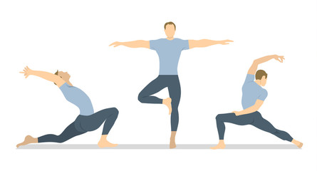 Yoga workout set on white background. Different poses and asanas. Healthy lifestyle. Body stretching. Exercises for men.