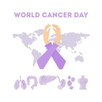World cancer day. Hands holding and making World cancer day symbol on the world map background with body organs.