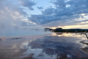 Grand Prismatic Spring of Yellowstone at sunset. Midway Geyser Basin. Yellowstone National Park. Jackson Hole. Wyoming. United States.