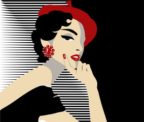 Black and white fashion woman pop art style portrait, model wearing red beret, hand drawn vector