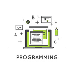 Vector Icon Style Illustration of Programming and Web Development or SEO Process  and Optimization,  Isolated Web Design Template