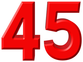 Numeral 45, forty five, isolated on white background, 3d render