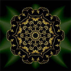 gold mandala mantra om. Indian pattern decorative vector elements. Round golden flower. emerald glow