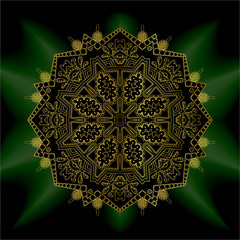 gold mandala mantra om. Indian pattern decorative vector elements. Round golden flower. emerald glow