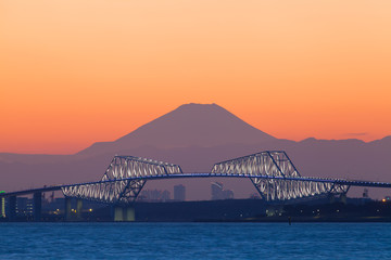 Tokyo gate bridge and Mt.Fuji at beautiful sunset in winter