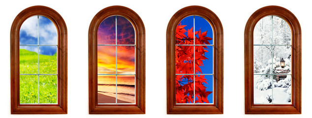 Round top window with views of spring, summer, fall and winter