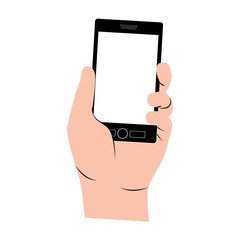 Hand holding smartphone icon. Cellphone mobile digital and phone theme. Isolated design. Vector illustration