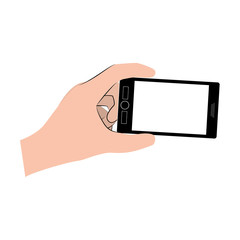 Hand holding smartphone icon. Cellphone mobile digital and phone theme. Isolated design. Vector illustration