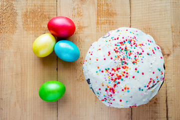 Easter cake and painted colorful eggs