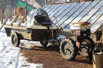agrimotor, winter, tractor, snow, weather, rural, nature, red, cold, background, farm, equipment, old, outdoor, machine, ice, agriculture, transportation, tire, wheel, country, condition,
