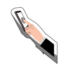 Hand holding smartphone icon. Cellphone mobile digital and phone theme. Isolated design. Vector illustration