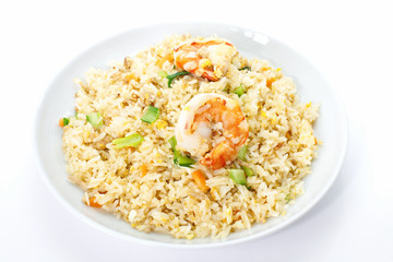Asian food , Shrimp fried rice with vegetable on white background