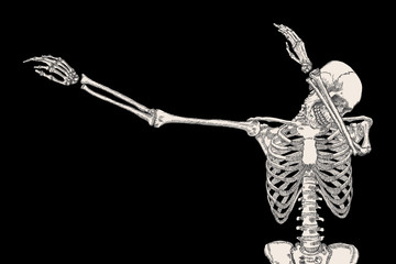 Skeleton of human dancing DAB on black background, isolated, perform dabbing move gesture, posing vector.