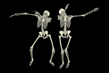 Human skeletons dancing DAB like friends, perform dabbing move gesture in group, posing isolated on white background, vector.