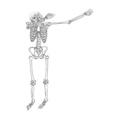 Human skeleton posing DAB, perform dabbing dance move gesture, posing on black background. Vector.