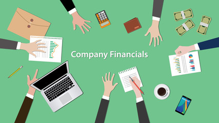 company financials illustration vector with notebook, paperworks and money on top of table
