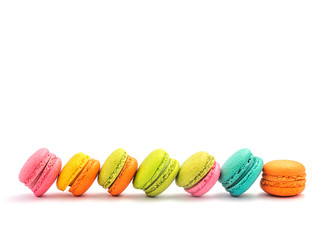 Sweet and colourful french macaroons or macaron on white background, Dessert.