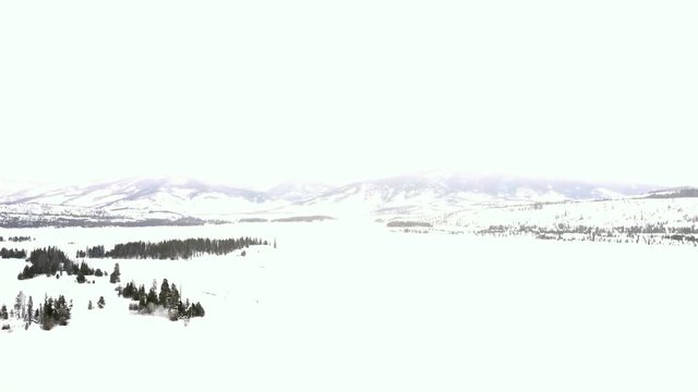 Aerial view of mountains and Dillon Reservoir in the Winter