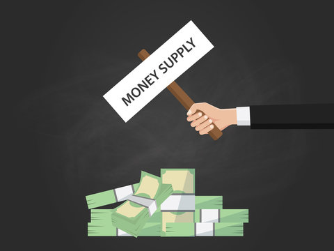 money supply text on sign board on top of money illustration
