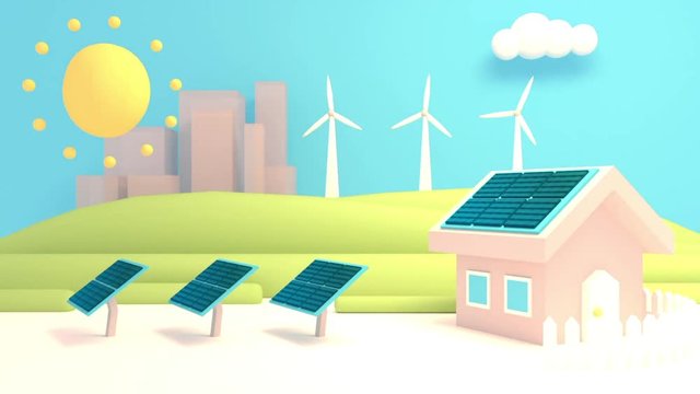 3d green eco city animation. Sustainable renewable energy house with solar panels and wind turbines. (Looped)