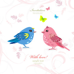 funny couple birds with butterflies for your design
