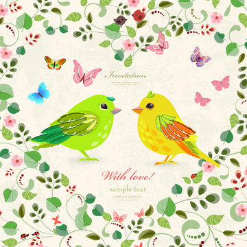 green floral heart with couple of funny birds and butterflies fo