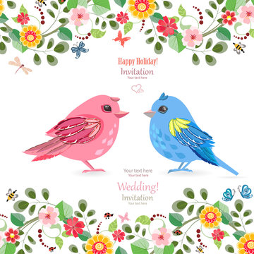 greeting card  with funny couple of birds for your design