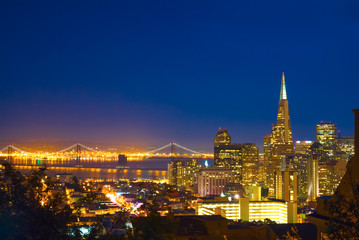 San Francisco cityscape, Bay Bridge from Inga Coolbrith park at night