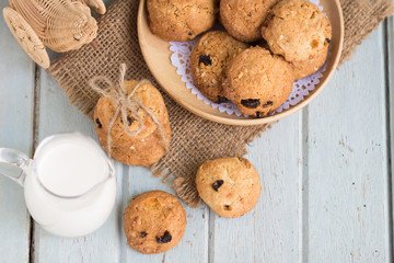 Oatmeal Raisin Cookies on a Plate with Glass of Milk