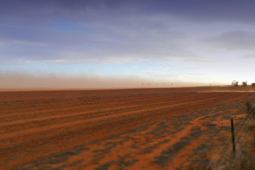 Fototapeta na wymiar Dust storm in outback Australia on rural farm with crops in paddock in Mallee