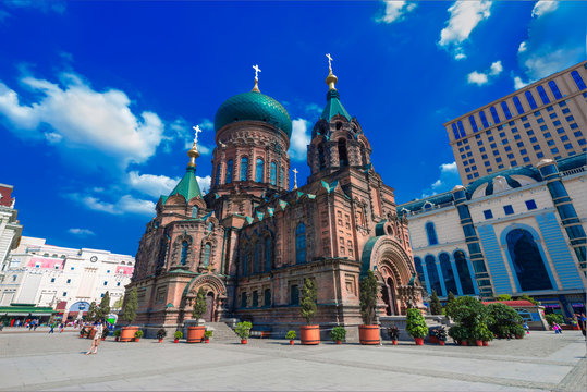 famous harbin sophia cathedral in blue sky from square