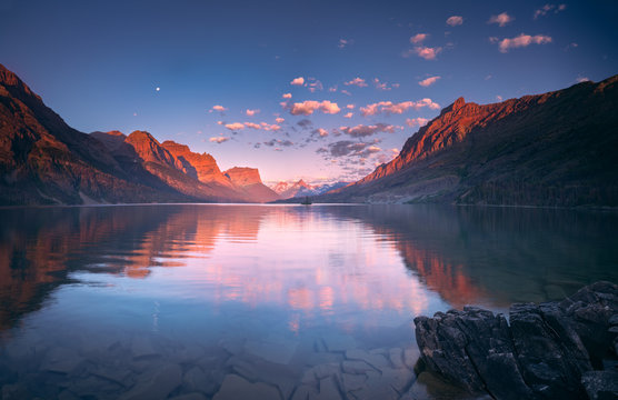 St Mary Lake in early morning with moon